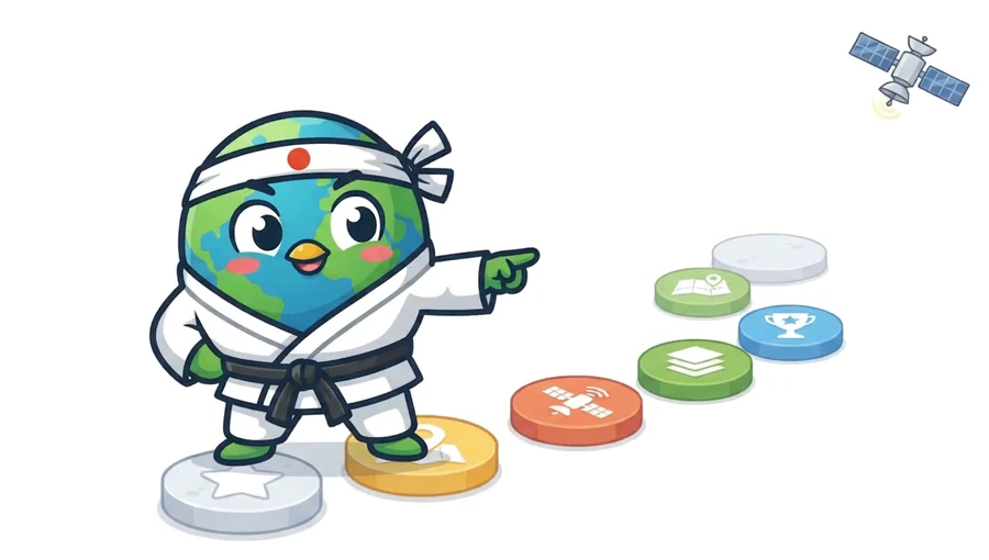 The EarthDojo mascot, a little Earth in a karate gi, points along a path of lesson stones with map, satellite and layer icons, while a satellite passes overhead