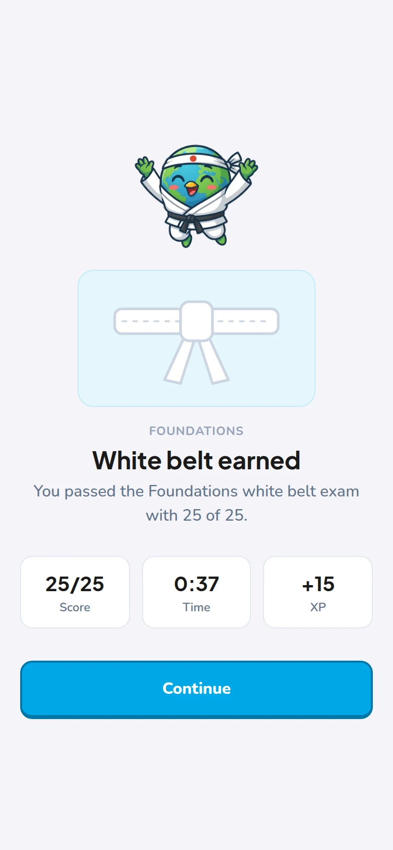 The belt ceremony after passing the Foundations white belt exam