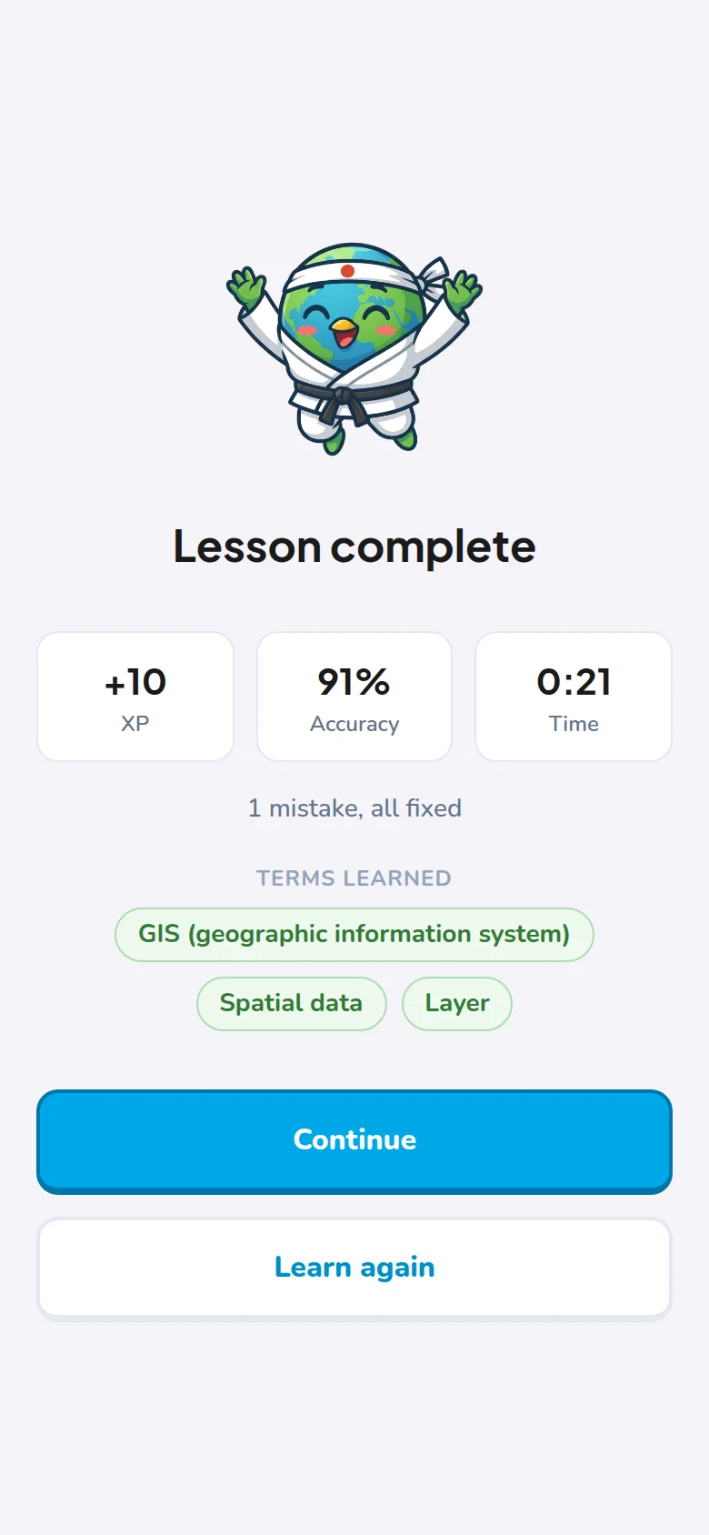 Lesson complete: XP, accuracy, time, and the three terms learned