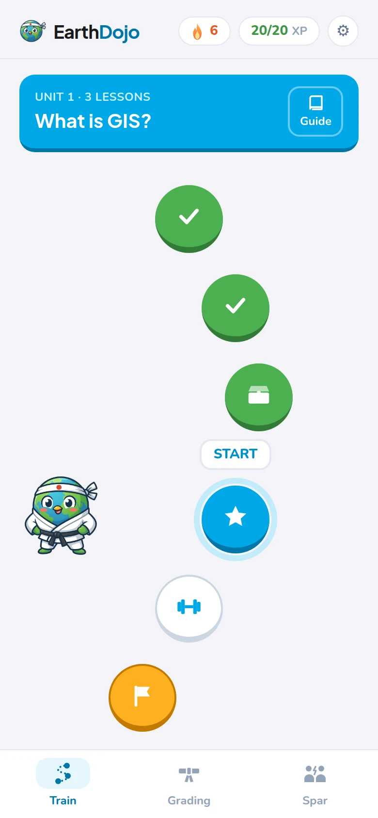 The training path: units by topic, each a few short lessons, a practice round and a checkpoint