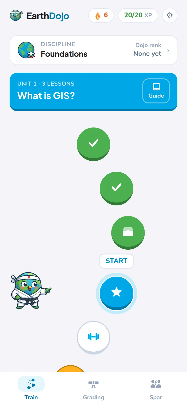 The training path with a 6-day streak and today's goal met