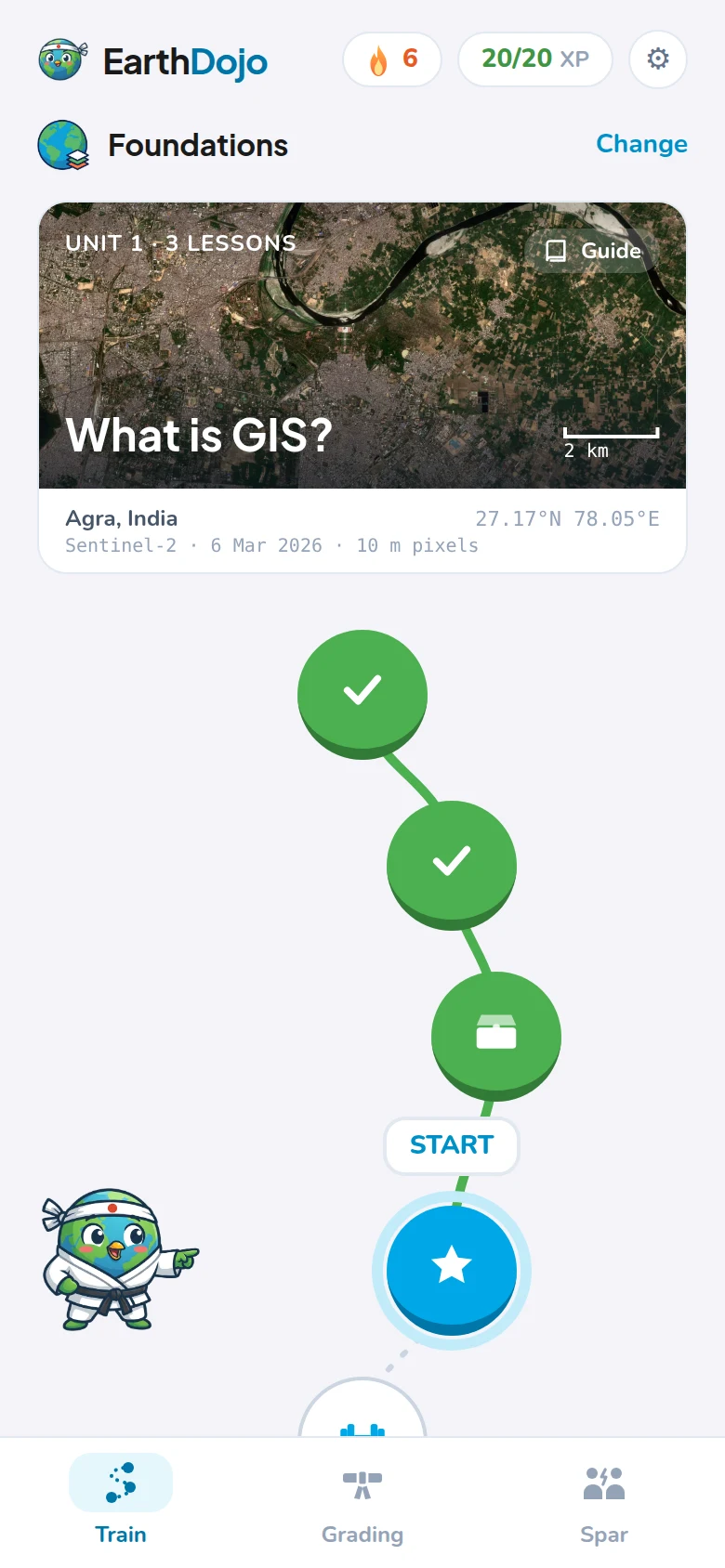 The training path: unit 1 is set in Agra, shown in a strip of satellite imagery, with a 6-day streak and today's goal met