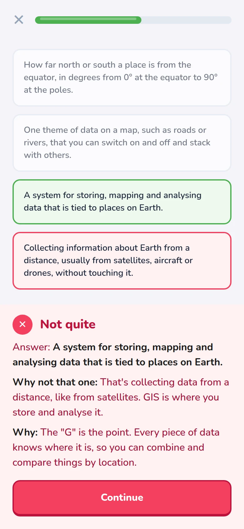 A question in the app, with why the right answer is right and why the picked one is wrong